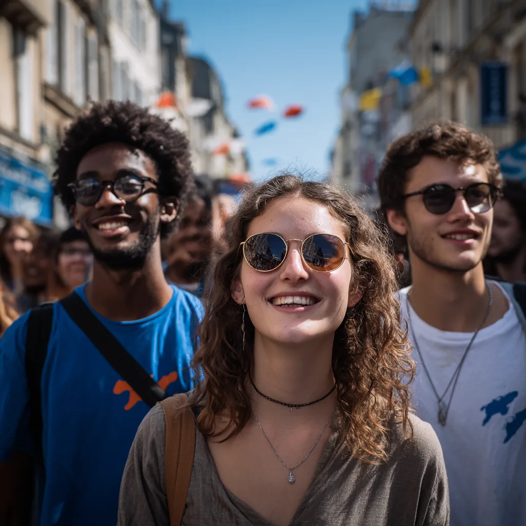 Trois jeunes militants souriants dans une rue lumineuse, lunettes de soleil, ambiance manif joyeuse